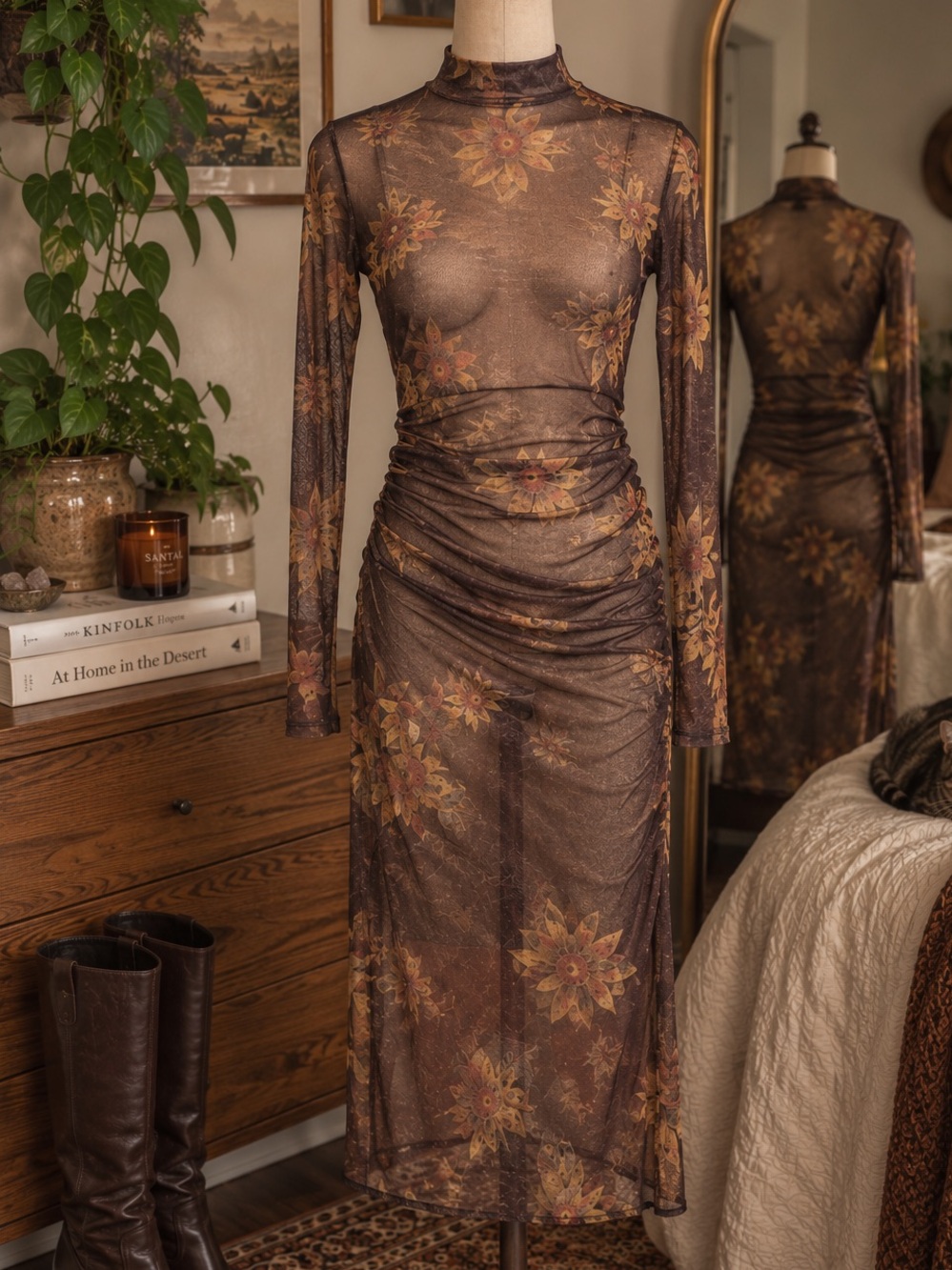 AllSaints Brown Floral Sheer Mesh Ruched Midi Dress UK 12 US 8 - Picture 3 of 10